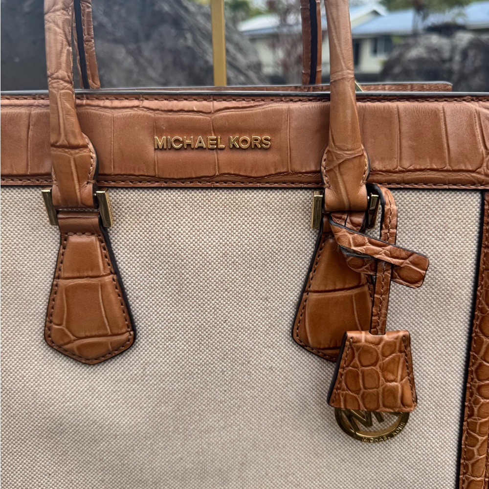 MICHAEL Michael Kors Croc-Embossed Leather & Canvas Satchel Tote with Strap - Picture 3 of 16